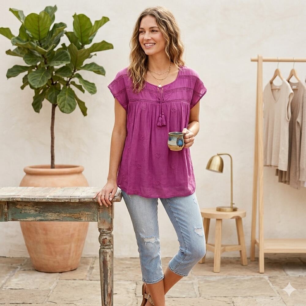 Como Blu‎ Magenta Purple Boho Embroidered Peasant Blouse NWOT Size 2X